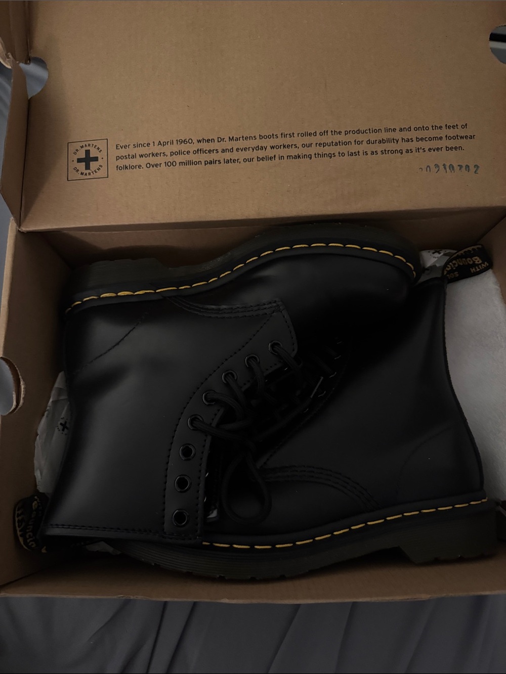 Dr. Martens Black Leather Lace-Up Boots with Yellow Stitching